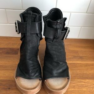 A.S. 98 black leather stacked wedge sandals